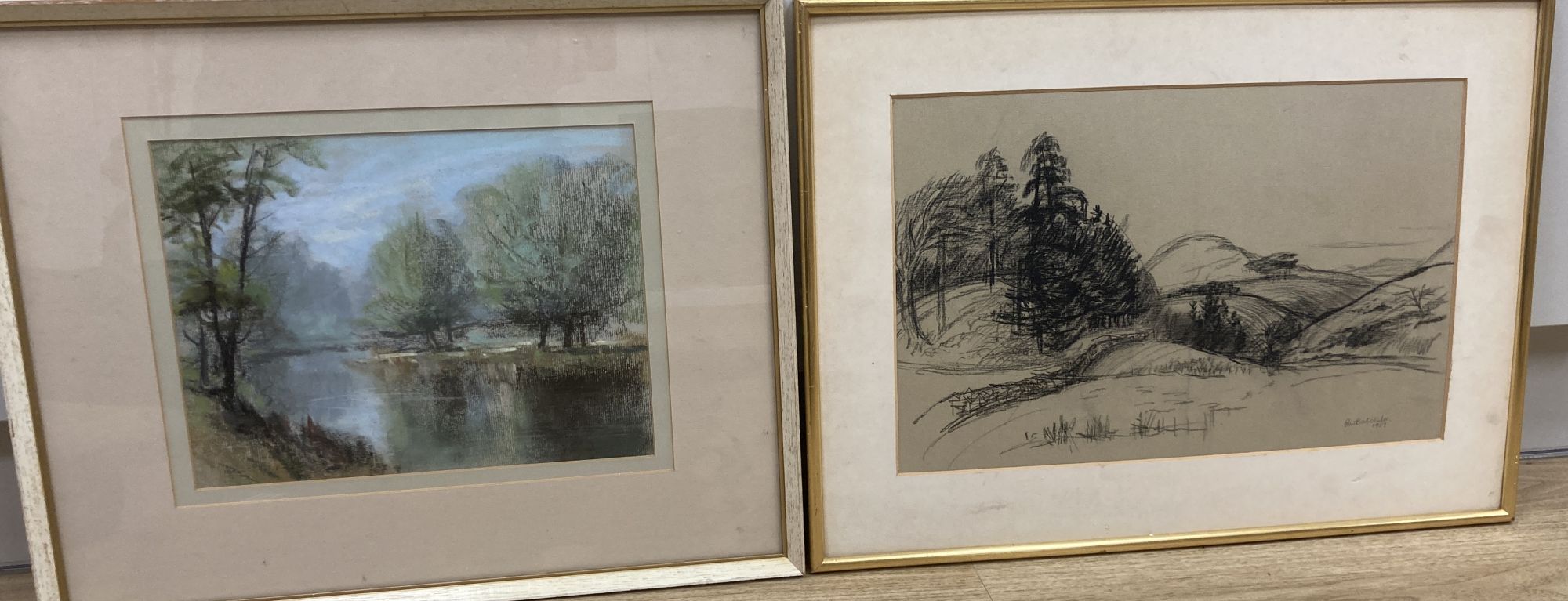 R.W. Batcheler, charcoal sketch, Mountain landscape, signed and dated 1957, 28 x 44cm and a pastel, Springtime on the windrush by A.